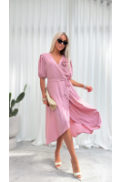 Sukienka Kopertowa Midi Zwiewna z Kieszeniami Odpinany Kwiat Wiskoza Elegancka Krótki Rękaw - pudrowy róż